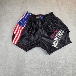 Muay Thai Addict Mens 2XL Black American Flag Satin Kickboxing MMA Shorts USA